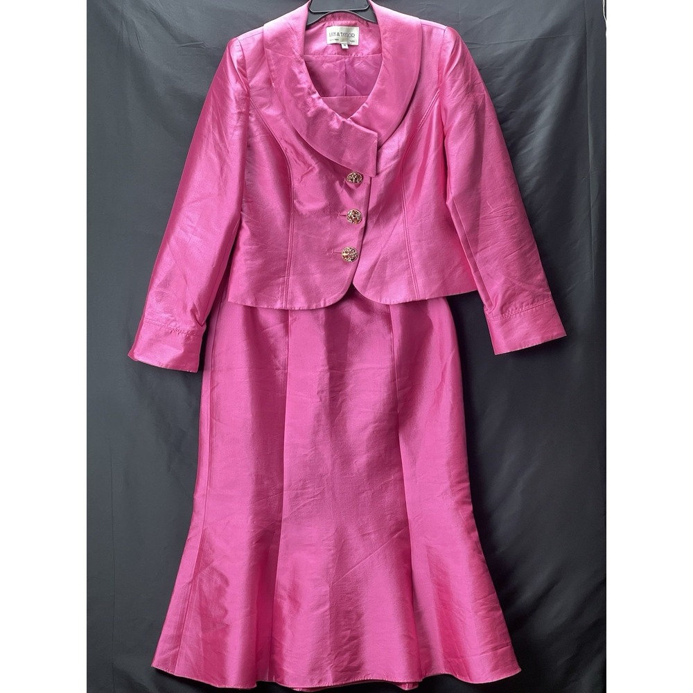 Lily & Taylor New York Pink 2pc Blazer Skirt Set Metallic Size 10